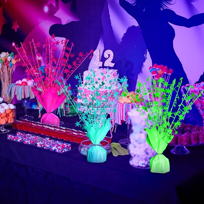 6 Pack Glow in the Dark Metallic Foil Spray Centerpiece Neon Star Table Decoration Fluorescence Tabletop Centerpieces for Glitter Neon Birthday Party Graduation Holiday Party Supplies