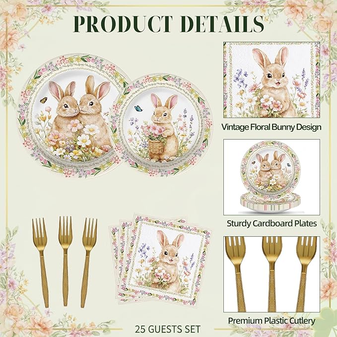 100 Pcs Easter Bunny Tableware Party Supplies, Serves 25, Disposable Vintage Floral Bunny Paper Plates, Napkins, and Gold Forks, Spring Dinner, Birthday, Easter Day Brunch Party Decorations