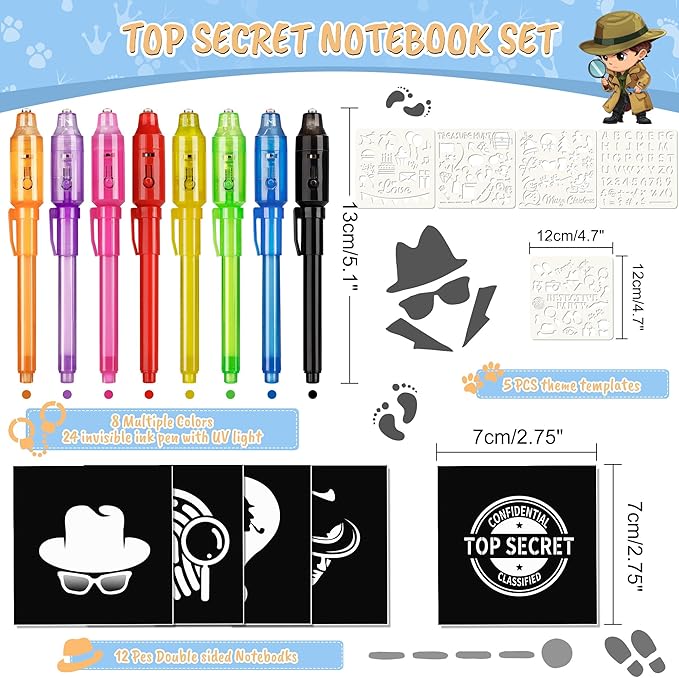 Invisible Ink Pen 24Pcs+ Notebooks, Spy Pens with UV Light, Magic Marker, Classroom Prize, Birthday Party Favors for Kids 8-12, Kids Stocking Stuffers