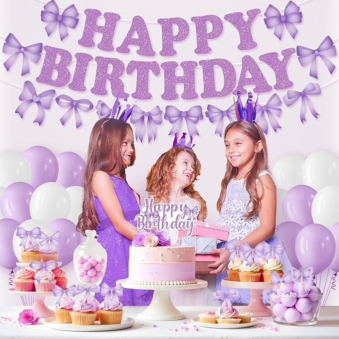 Purple Bow Birthday Party Decorations Bow Happy Birthday Banner Purple White Balloons Cake and Cupcake Toppers for Girls Women Coquette Bday Baby Shower Party Supplies
