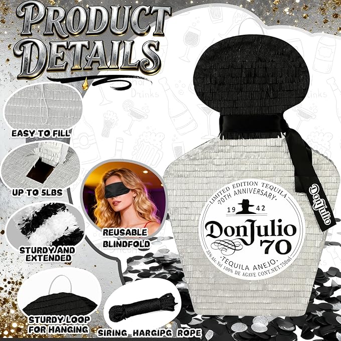 25" Tequila Bottle Piñata with Bat Stick, Eye Mask, Rope - Perfect for Party Decorations, Photo Prop, Birthday, Funny Anniversary, 21 birthday - Fits candy/favors