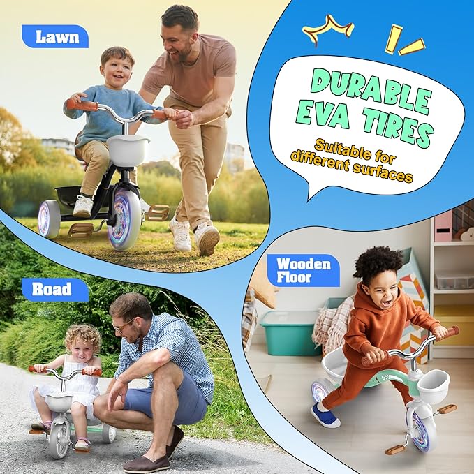 Toddler Tricycle for 1-3 3-5 Year Olds, 2 3 4 5 Year Old Girl Boy Birthday Gifts, Toddler Baby Bike, 4-Level Adjustable Seat, 3 Color Light Wheels, 2 Baskets, Outdoor Riding Toys for Ages 2-4