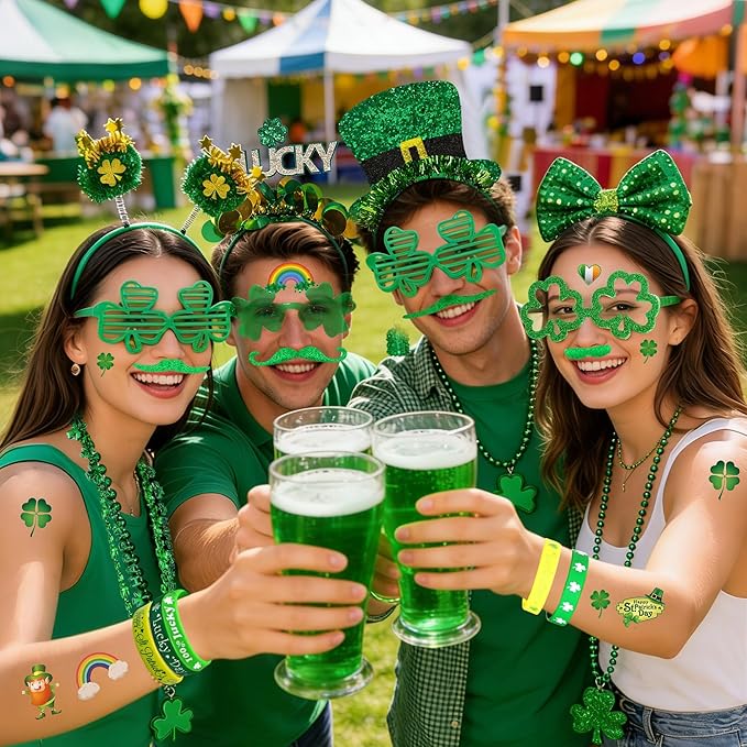 146 PCS St. Patrick's Day Accessories Party Favor Set, Shamrock Headbands, Clover Glasses, Bead Necklaces, Rubber Bracelets, Temporary Tattoos & Mustaches, Irish Green St Patrick’s Day Party Supplies