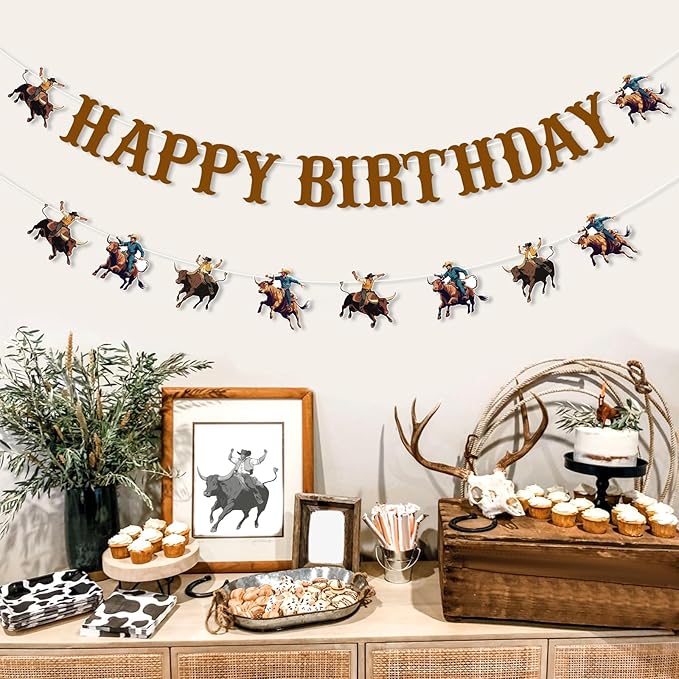 JOYMEMO Bull Riding Birthday Banners, Bull Riding Birthday Decorations for Boys, Man, Cowboy Theme Party Supplies, Pre-strung, Cardstock