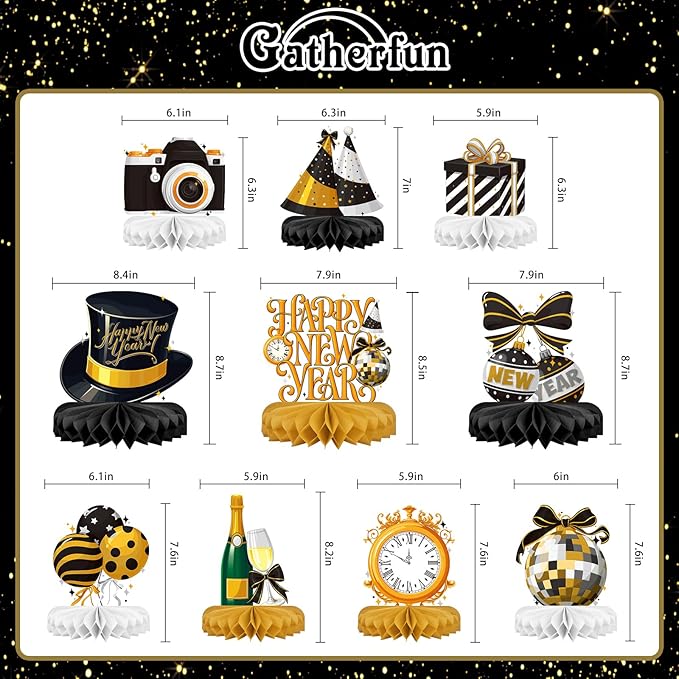 Happy New Year Party Decorations Bundle - Includes New Years Eve Honeycomb Centerpieces ，New Year Table Toppers, for Classroom Decor, New Year & Birthday Party Supplies