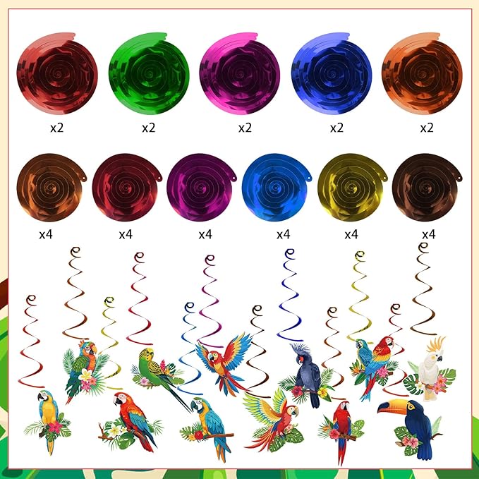 58Pcs Tropical Birds Decorations Tropical Hawaiian Decor Toucan Parrot Party Hanging Swirl Foil Ceiling Decor for Summer Luau Hawaiian Beach Pool Party Tiki Party Birthday Party Supply