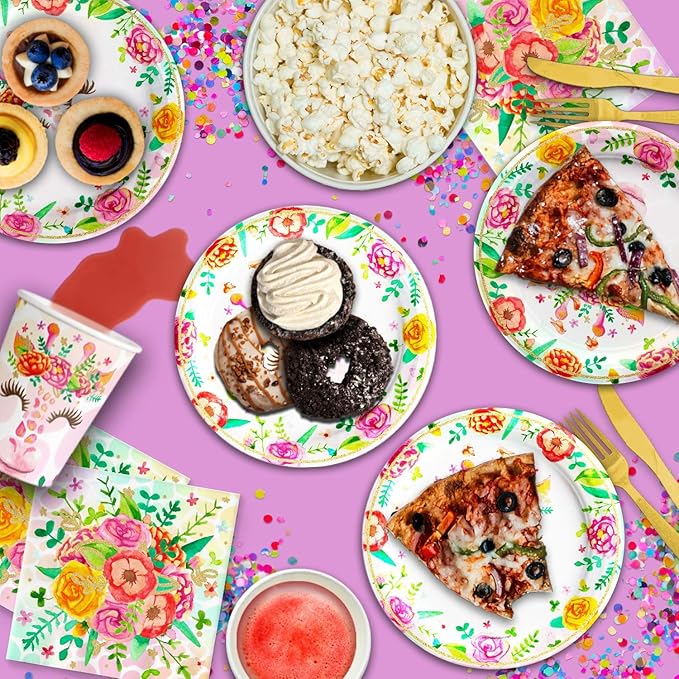 Giraffe Floral Birthday Party Supplies - Giraffe Party Supplies - Zoo Animal Party Supplies - Safari Animal Party Supplies | Tableware Set Includes Plates Napkins and Cups | Kit for 16