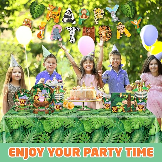 146Pcs Jungle Wild Animal Plates and Napkins Jungle Safari Party Supplies Includes Plates, Napkin, Fork, Cup, Straw, Tablecloth, Banner for Woodland Baby Shower Birthday Party Decorations, Serves 24