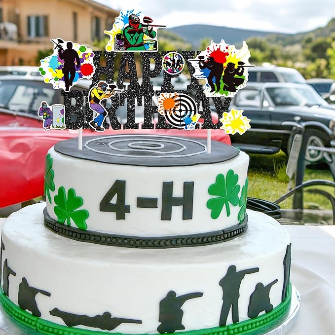 Paintball Birthday Cake Topper Glitter Black Paintball Birthday Party Decorations Paintball Themed Splatter Splash Cake Picks Decor for Paint Ball Shooting Game Sport Party Supplies