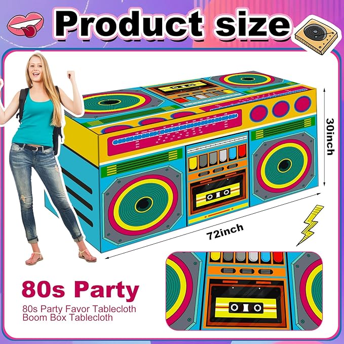 Oudain 6 FT 80s 90s Theme Tablecloth 80s Birthday Party Supplies Hip Hop Party Decoration Vintage Boom Box Tablecloth 72 x 30'' Retro Radio Table Cover Washable Fabric Polyester Rectangle Table Cover