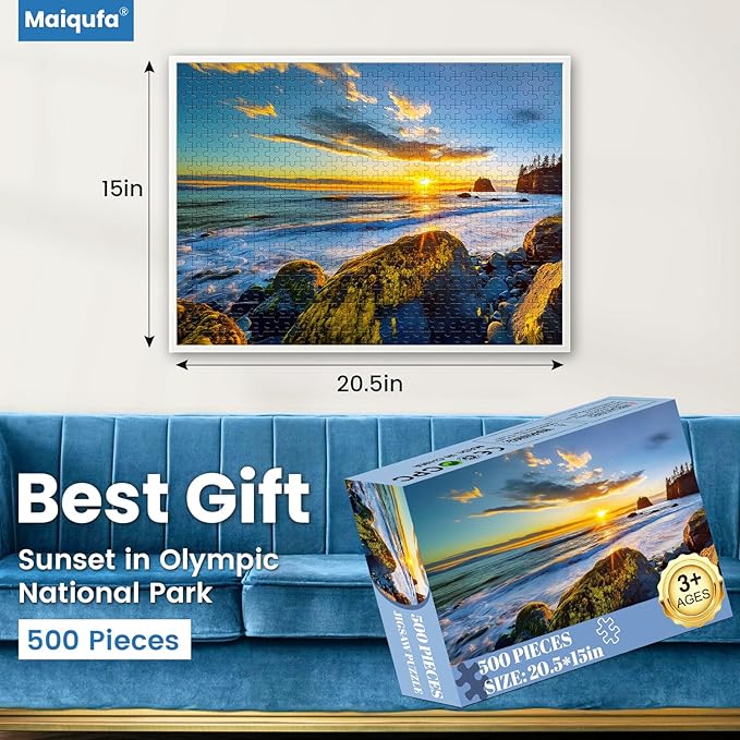 500 Pieces Puzzle for Adults - Olympic National Park Jigsaw Puzzle for Adults Teens,Recycled Cardboard Sunset Beach Puzzle 500 Pieces,Challenging Game for Family Fun & Gift Idea,20.5 x 15 in