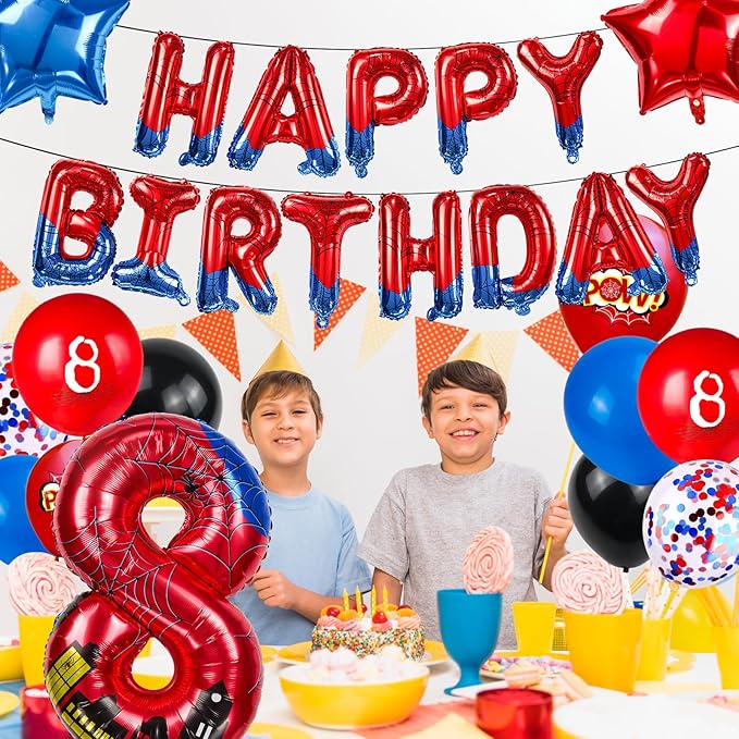 Cartoon Hero 40 Inch Red and Blue Spider Theme Number Foil Birthday Decoration Balloon, Spider Theme Happy Birthday Banner Party Decoration Balloon, Letter Logo Superhero Party Supplies (8)