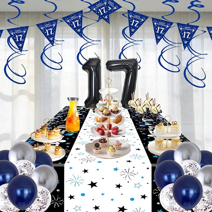 17th Birthday Decorations for Boys Girls, Dark Blue 17 Year Old Bday Decorations with Happy 17th Birthday Banner Backdrop Tablecloth, Party Supplies with 17 Balloon Numbers, Triangle Flag, Foil Stars