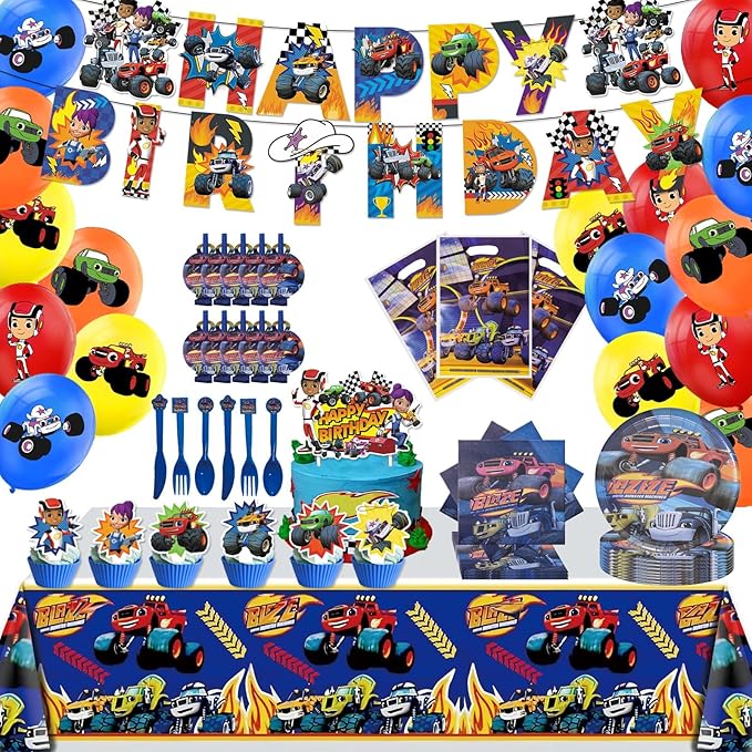 133 Pcs Monster Truck Birthday Party Supplies,Included Banner,Gift Bag,Party Blowers,Tablecloth,Cake Topper,Cupcake Toppers,Plates,Balloon,Racing Car Tableware Set for Boy Truck Party Decorations