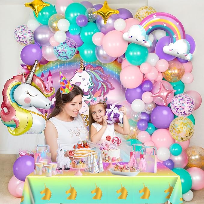 Winrayk 144Pcs Purple Unicorn Party Decorations Birthday Supplies for Girls, Purple Pink Blue Balloon Arch Kit with Backdrop Tablecloth Foil Balloons, Kids Rainbow Unicorn Themed Birthday Decorations