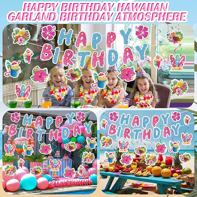 Hibiscus Birthday Party Decorations Happy Birthday Banner with Luau Hibiscus Flower Hanging Swirls Pink Blue Hawaiian Tropical Themed Party Supplies Tropical Luau Summer Decorations