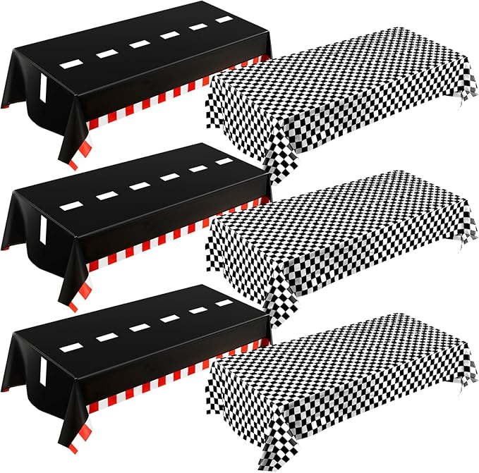 Breling 6 Packs Car Birthday Party Decorations Plastic Car Table Cloth Two Fast Disposable Race Road Checkered Party Supplies Race Theme Party Favors for Birthday, 54 x 108 Inch