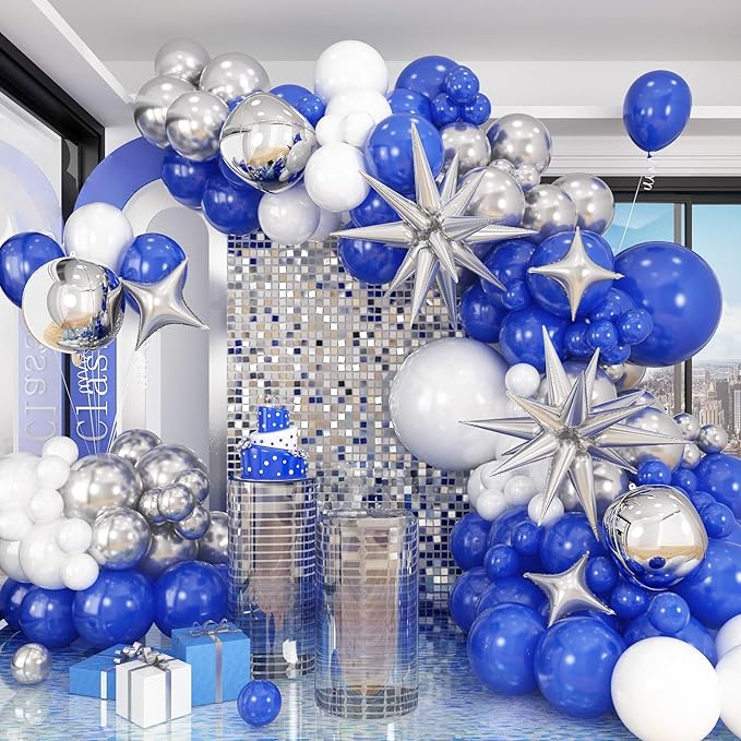 Blue White Silver Balloon Arch Kit with Explosion Star 4D Silver Foil Balloons Royal Blue Metallic Silver White Balloon Garland for Blue 2025 Graduation Decoration Birthday Baby Shower Party