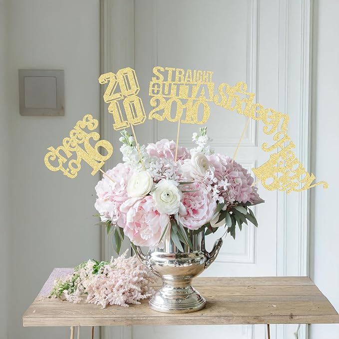 Gyufise 15Pcs Happy 16th Birthday Centerpiece Sticks Sixteen Straight Outta 2010 Table Flower Centerpieces Sticks for Cheers to 16th Birthday Party Supplies Gold