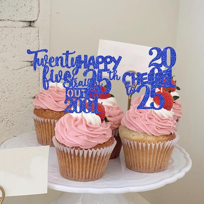 30 PCS 25th Birthday Cupcake Toppers Glitter Twenty Five Happy 25 Straight Outta 2001 Cupcake Picks for Cheers to 25 Fabulous 25th Birthday Anniversary Party Cake Decorations Supplier Blue
