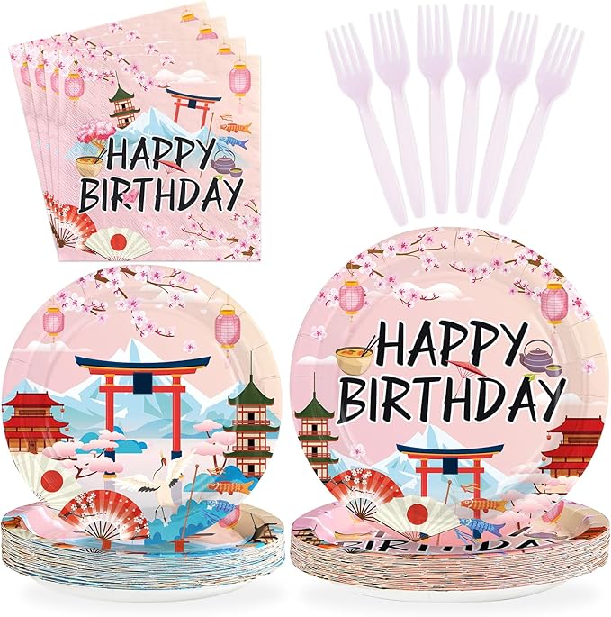 96 Pcs Hibachi Party Decorations Japanese Cherry Blossom Birthday Party Supplies Disposable Pink Hibachi Paper Plates Tableware for Birthday Hibachi Japanese Party Decorations Serves 24