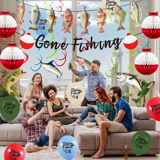 Gone Fishing Party Decorations Kit Include Hanging Banner Swirl Balloons (Gone Fishing)
