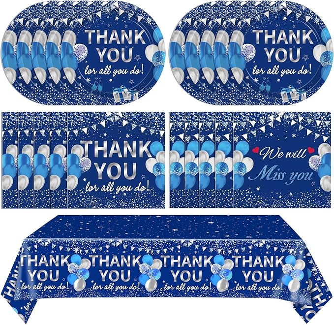 41Pcs Blue Silver Thank You Decorations Thank You for All You Do Tableware Disposable Paper Plates Napkins Tablecloth丨Teacher Employee Staff Doctors Nurse Pastor Appreciation Week Party Decor