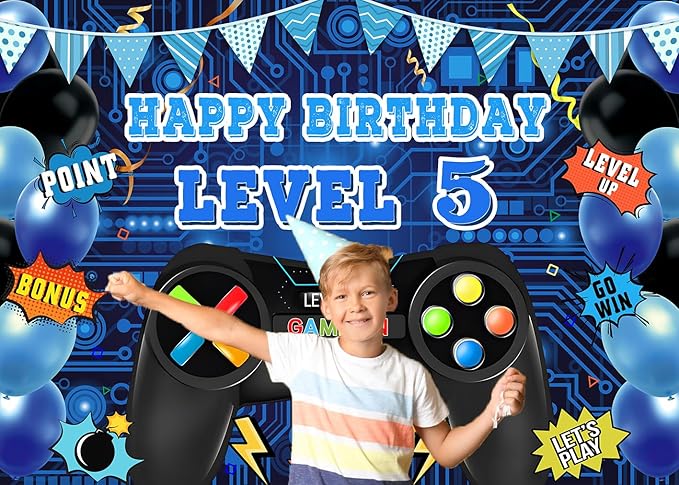 Game Theme Level 5 Birthday Backdrop Video Game Happy 5th Birthday Party Decorations Level Up Theme Boys Kids Birthday Party Supplies(7×5FT)