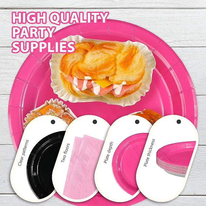 96Pcs Hot Pink and Black Birthday Decorations Pink and Black Party Plates and Napkins Disposable Pink Paper Plates for Baby Shower Girls Women Birthday Bridal Shower Spring Summer Party Supplies