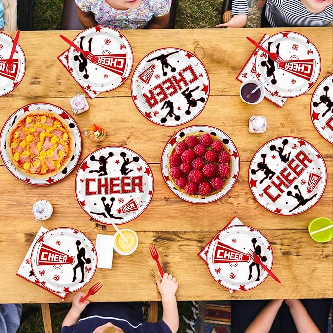 96Pcs Cheerleading Party Supplies Cheerleader and Loudspeaker Plates and Napkins Red Black White Cheerleader Tableware Set for Team Cheer Sports Gymnastics Birthday Party Supplies，Serves 24
