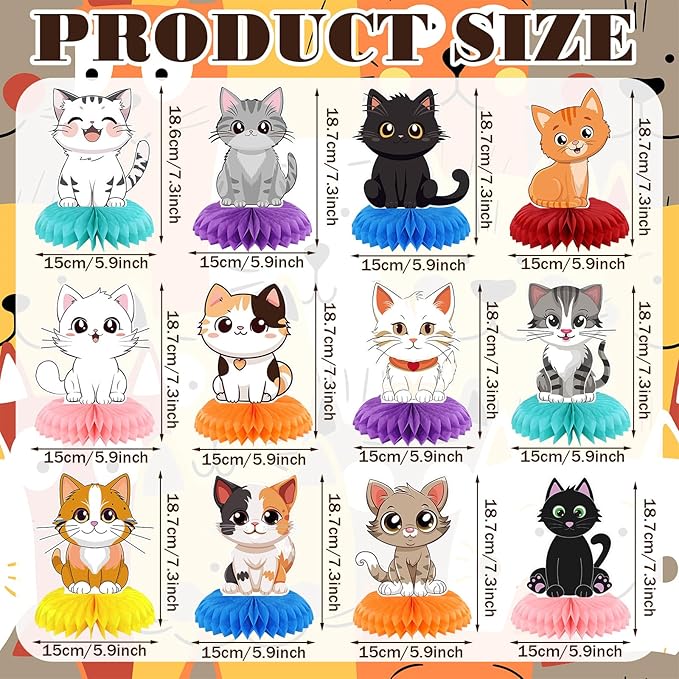 Pickmesh 12 Pcs Cat Birthday Party Decoration Honeycomb Centerpieces Kitten Table Centerpieces Cats Table Topper 3D Double Sided Kitten Decoration for Birthday Pet Theme Party Favors Supplies