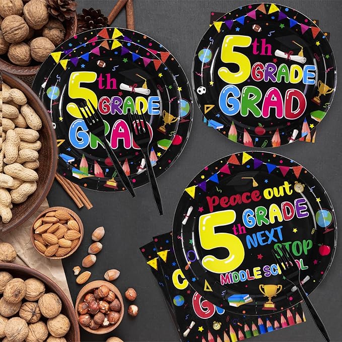 96Pcs 5th Grade Graduation Party Supplies 2025 Fifth Graduation Plates and Napkins Sets Peace Out 5th Grade Next Stop Middle School Decorations Favors for Classroom Congrats Grad Party Serves 24 ﻿