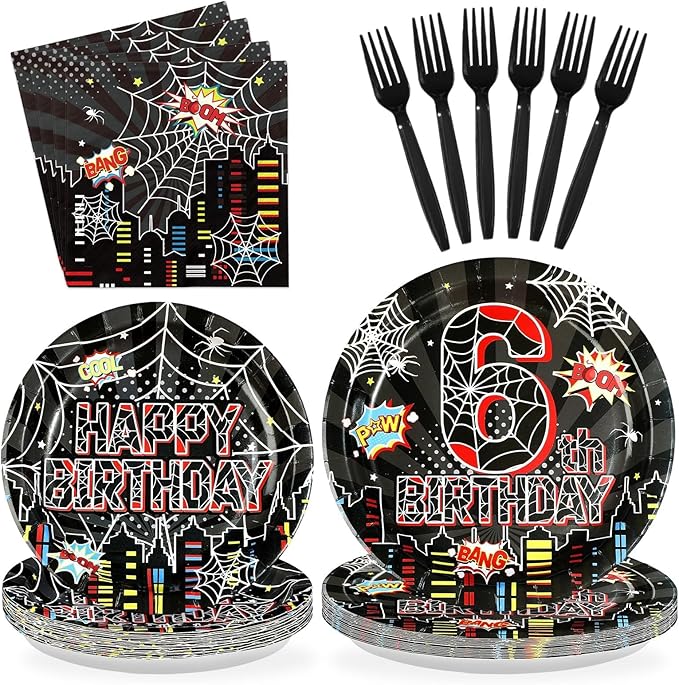 96Pcs Spider 6th Birthday Party Decorations Black Spider 6th Birthday Plates and Napkins Cartoon Super Theme Hero Paper Tableware Set for Boys Kids 6 Year Old Birthday Party Supplies Serves 24