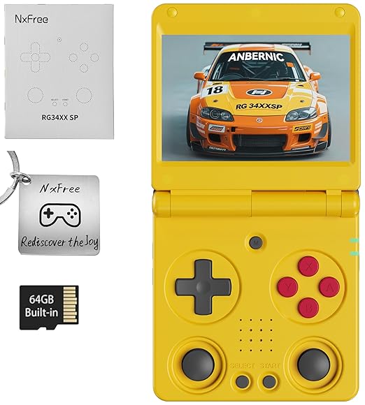 Anbernic RG34XXSP Retro Gaming Console – Flip Design, 3.4'' IPS Screen 720×480, 64G TF Card with 5000+ Games, Portable Handheld, 3300mAh Battery, WiFi HDMI Bluetooth (Yellow 64G)