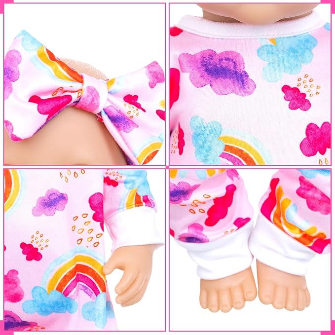 Ecore Fun 5 Sets Baby Doll Outfits & Headbands – 10 pcs for 14"-18" Baby Dolls | Cute Jumpsuit & Hair Accessory Set for Dress-Up Play