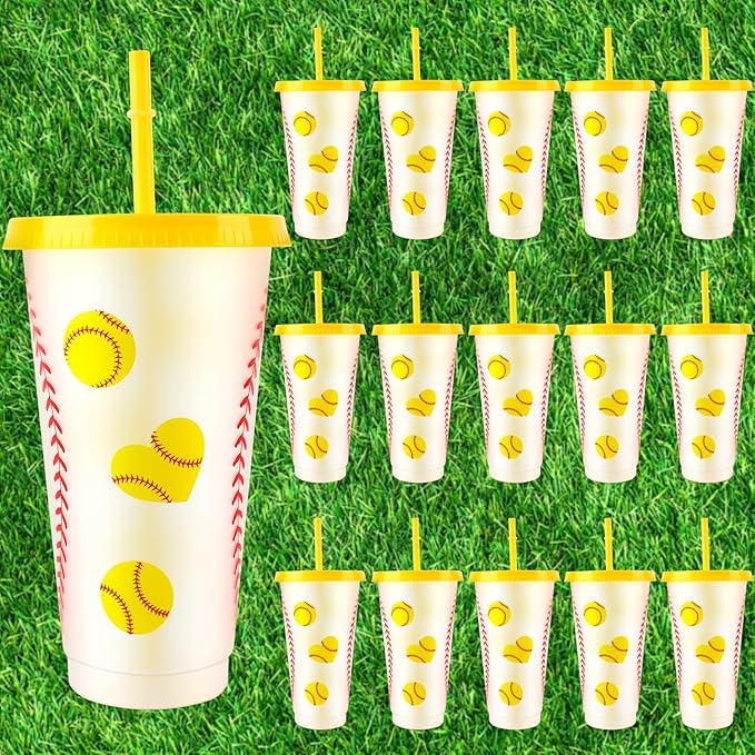 Hxezoc 16 Pieces Softball Plastic Cups Reusable Party Plastic Cups 24 oz Sports Party Gifts for Softball Game Sport Birthday Party Decoration Supplies