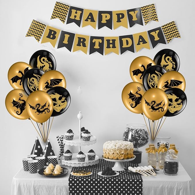 Zomiboo 50 Pieces Dragon Theme Party Supplies, Dragon Theme Party Balloons, Black Gold Birthday Decoration Picks for Fantasy Supplies, 12 Inches