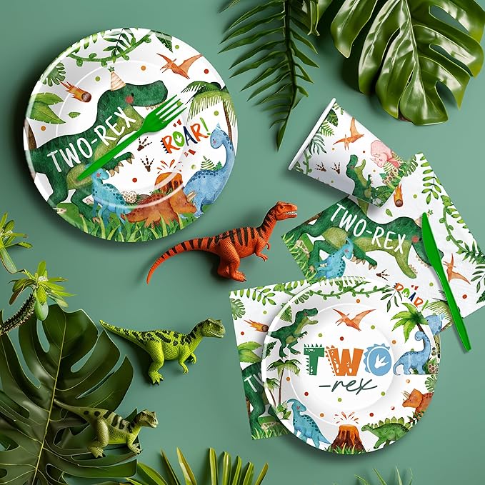 Dinosaur Two Rex Birthday Decorations Boy, Dino Theme Dinosaur Birthday Party Supplies Tableware, Paper Plate, Cup, Napkin, Fork, 24 Guests