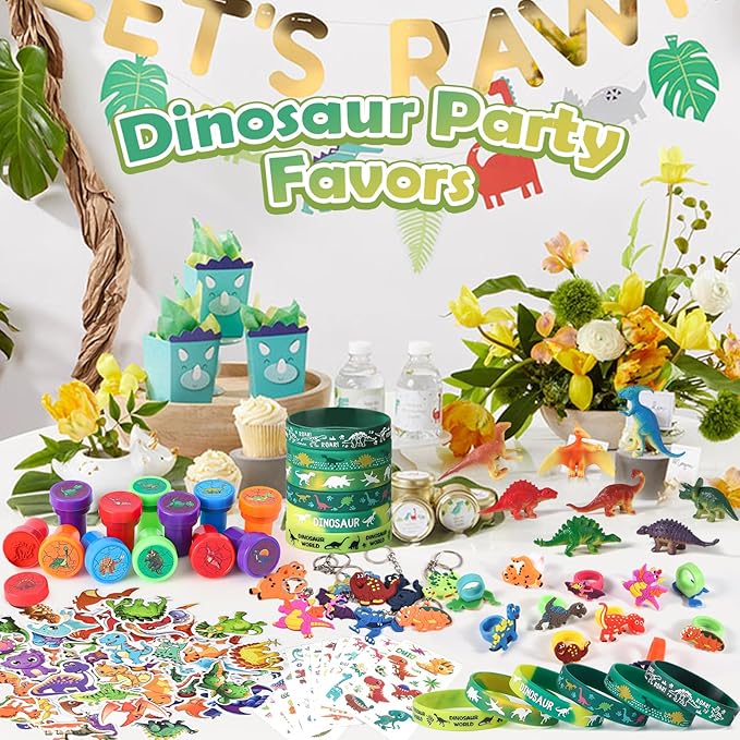 Winrayk 132Pcs Dinosaur Party Favors Dino Birthday Supplies Kids, Mini Dinosaur Figure Bracelet Stamper Glow Sticker Keychain Ring Cartoon Sticker, Pinata Filler Goodie Bag Stuffer Dino Party Favors