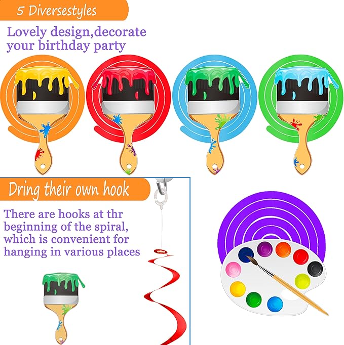 21pcs Art Painting Party Hanging Swirl Decorations Paint Brush and Palette Design Ceiling Streamers for Art Paint Birthday Party Artist Baby Shower Supplies
