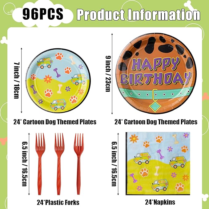 Dog Paw Birthday Party Supplies - 96PCS Cartoon Dog Birthday Party Plates Napkins Forks Disposable Tableware Set Birthday Parties Table Dinnerware Baby Shower Parties Plates Serve 24 Guests