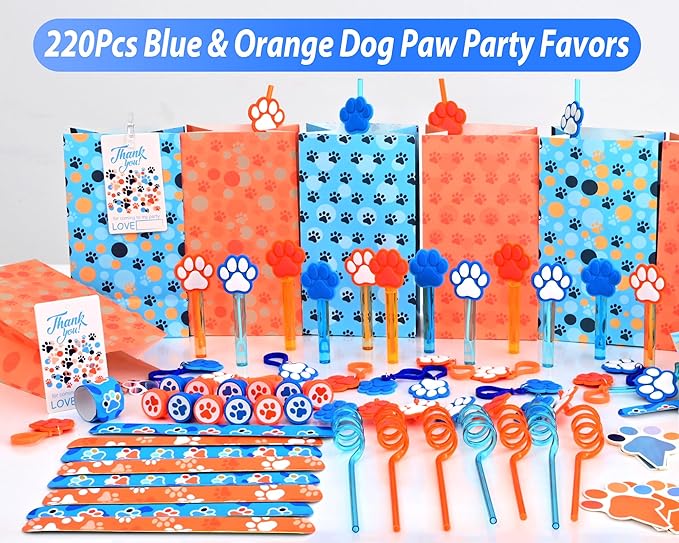 220PCS Blue and Orange Dog Paw Print Party Favors for Kids Theme Birthday Party Favors Decorations Supplies Goodie Bag Stuffer Pinata Filler Birthday Gifts