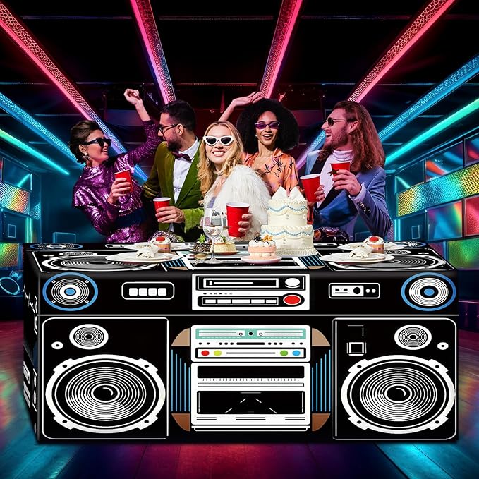 Oudain 6 FT 80s 90s Theme Tablecloth 80s Birthday Party Supplies Hip Hop Party Decoration Vintage Boom Box Tablecloth 72 x 30'' Retro Radio Table Cover Washable Fabric Polyester Rectangle Table Cover