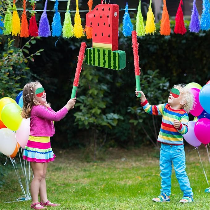 Watermelon Piñata Fruit Number 1 Red Watermelon 1st Birthday Piñata with Bat Stick Blindfold Mask Confetti for Summer Theme Summer Birthday Party Supplies (1)