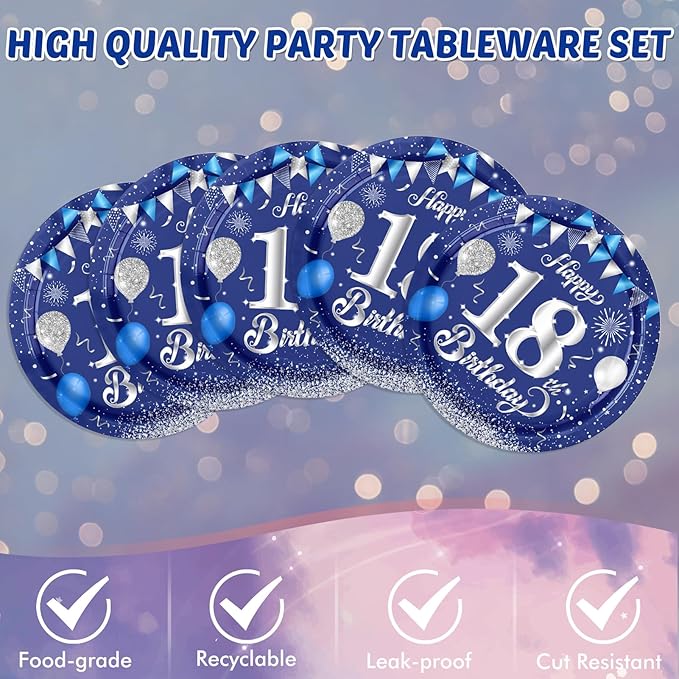 Blue 18th Birthday Decorations for Boys Girls Navy Blue Silver Happy 18th Birthday Napkins Tablecloth Plates for 18th Birthday Anniversary Party Supplies 18 Year Old Party Decorations
