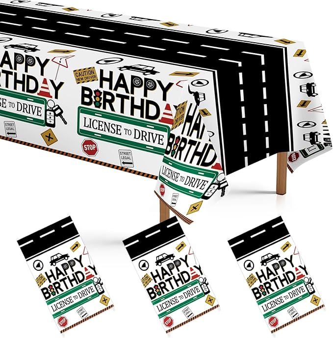 3Pcs Drivers License 16th Birthday Plastic Tablecloth 16th Car Theme Table Cover Waterproof New Driver Car Road 16th Table Cloth for Learner Driver 16 Years Old Party Decorations 54 x 108 Inch