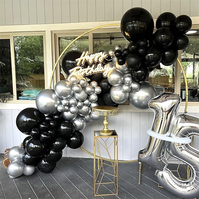 Black and Silver Balloons, 12 Inch Metallic Chrome Black Silver Confetti Latex Helium Balloons for Men Boys Birthday Baby Shower Wedding Engagement Halloween New Year Bachelorette Party Decorations