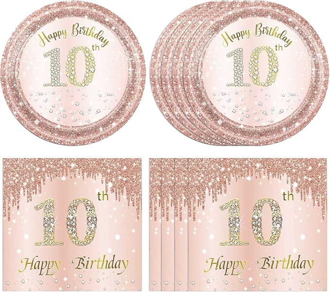 40PCS 10th Birthday Decorations for Happy 10 Years Party Tableware Set Including 10th Birthday Party Plates and Napkins,Rose Gold 10 Years Old Table Decor for Girls Pink Rose Gold Party Supplies