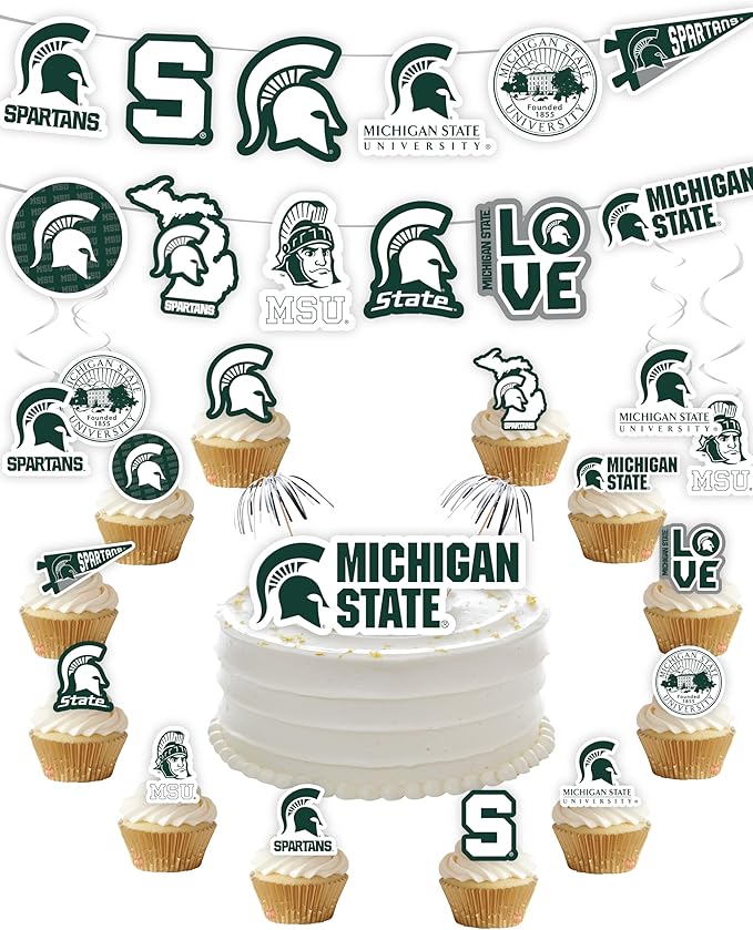 Michigan State Party Supplies for MSU Football, Birthday Gift, Graduation Party Banner and Cake Toppers (42 Pieces) (Michigan State Spartans)