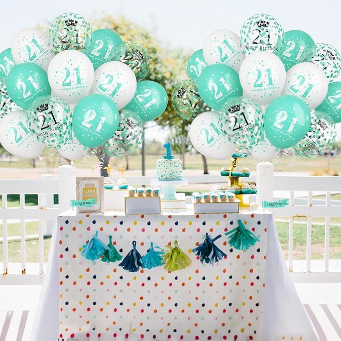 21st Birthday Balloons & Decorations - Teal, White & Turquoise Latex Balloons for Boys & Girls, Confetti, Party Supplies